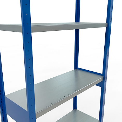 Étagère de rangement en métal bleu avec étagères grises ; gros plan sur fond blanc.