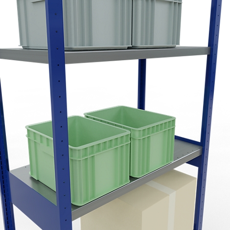 Étagère avec des boîtes en plastique vertes et grises et une boîte en carton. Le cadre est bleu.