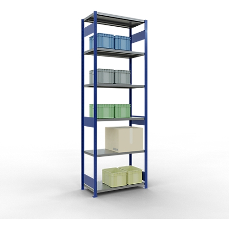 Une étagère bleue avec des étagères grises, remplie de boîtes de différentes couleurs.