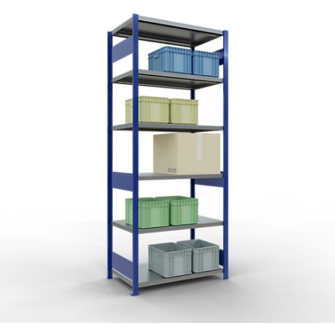 Une étagère de rangement bleue et grise, remplie de boîtes bleues, vertes et jaunes, et d'une boîte en carton marron.