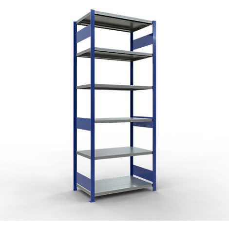 Une étagère grise avec des supports latéraux bleus, sur fond blanc.