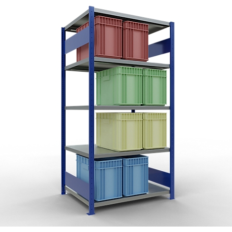 Étagère avec des boîtes rouges, vertes, jaunes et bleues sur des planchers gris clair, sur fond blanc.