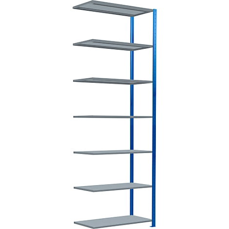 Een blauw rek met meerdere grijze planken, tegen een witte achtergrond.