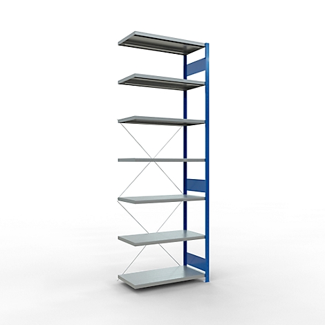 Grijs rek met blauwe steunen, zeven planken, op een witte achtergrond.