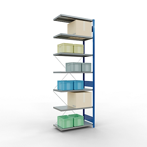 Een blauw en grijs magazijnrek met verschillende planken, met dozen en kratten in verschillende kleuren.