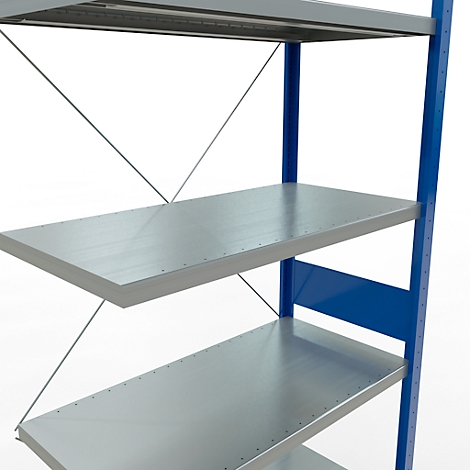 Metalen stellingkast met blauwe steunen en zilveren planken.