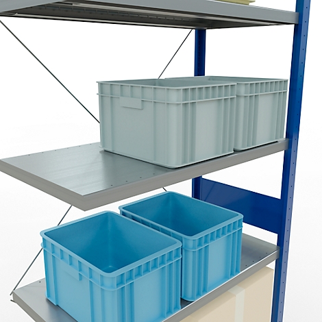 Stelling met blauwe en grijze plastic dozen. De dozen staan op metalen planken, die worden ondersteund door een blauw frame.