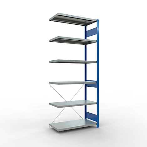 Grijs open schap met blauw frame en vijf planken op witte achtergrond.