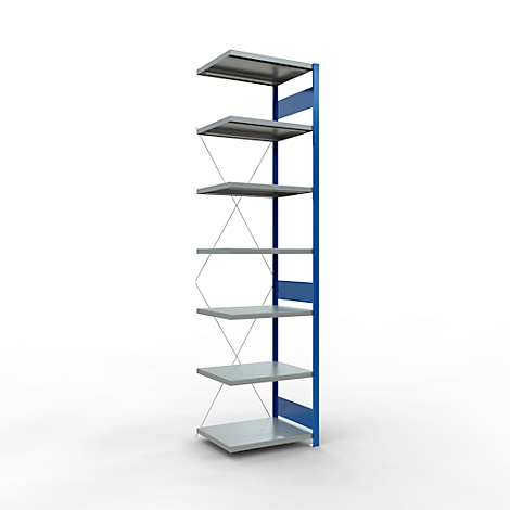 Schulte Lagertechnik Schroefloos rekkensysteem MultiPlus250, 7 legborden, dwarsverbindingen, B 750 x D 600 x H 3000 mm, gentiaanblauw RAL 5010