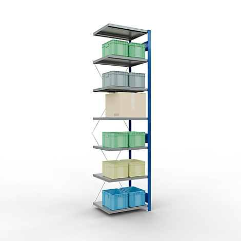 Schulte Lagertechnik Schroefloos rekkensysteem MultiPlus250, 7 legborden, dwarsverbindingen, B 750 x D 600 x H 3000 mm, gentiaanblauw RAL 5010