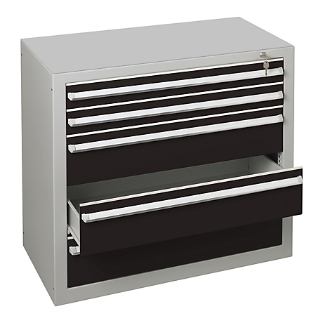 Grauer Werkzeugschrank mit geöffneter Schublade, dunkle Schubladenfronten, silberne Griffe und Schlüssel.