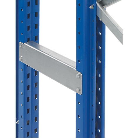 Close-up of a blue shelving system with a silver crossbeam. The construction is fastened with screws.