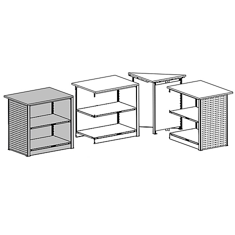 Meerdere metalen presentatieplanken met geperforeerde zijkanten en planken in verschillende vormen en maten.