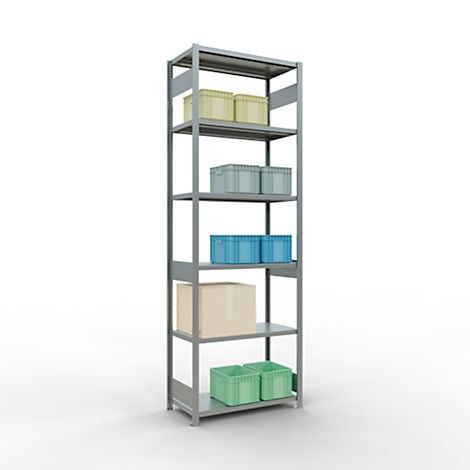 Graues Metallregal mit sechs Ablagen, beladen mit gelben, blauen und grünen Boxen und einer braunen Kartonbox.