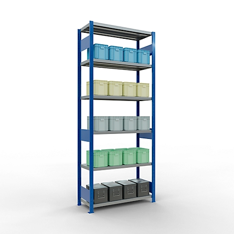 Blau-graues Regal mit farbigen Kisten: Blau, Gelb, Hellgrau, Grün, Dunkelgrau, auf weißem Hintergrund.