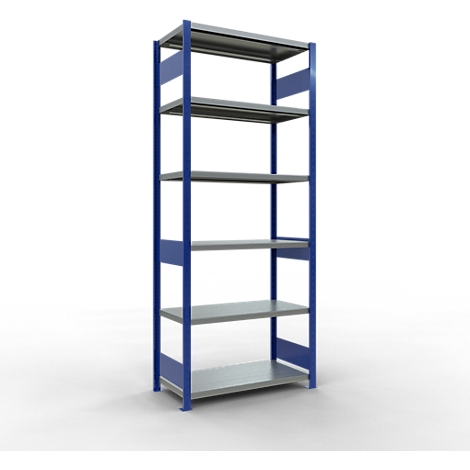 Ein blau-graues, sechsstöckiges Metallregal vor weißem Hintergrund.