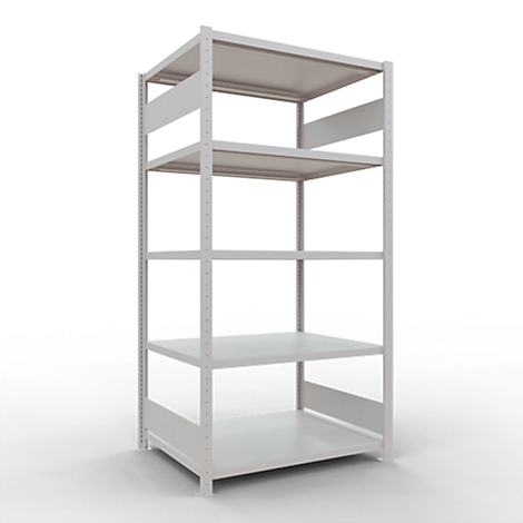 Ein weißes Regal, bestehend aus fünf Ebenen, steht vor einem weißen Hintergrund.