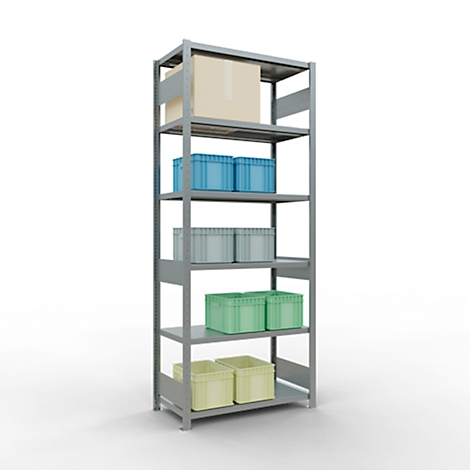 Graues Regal mit Boxen in verschiedenen Farben: beige, blau, grau, grün und gelb.