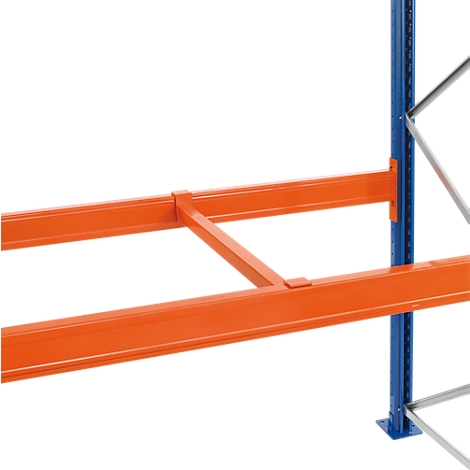 Éléments d'étagère en métal orange, partiellement assemblés. Support bleu, cadre métallique pour étagères.