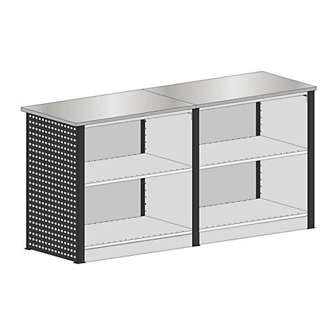 Étagère avec surface grise, cadres noirs et panneaux latéraux perforés.