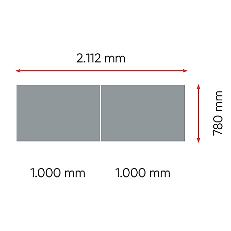 Rectangles gris avec dimensions. Largeur 2,112 mm, hauteur 780 mm. Blocs individuels 1,000 mm.