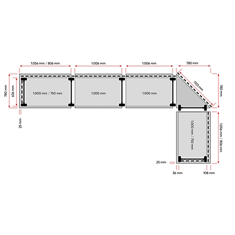 Vue de dessus d'un canapé d'angle avec dimensions en millimètres. Les dimensions extérieures et les éléments individuels du canapé sont indiqués.