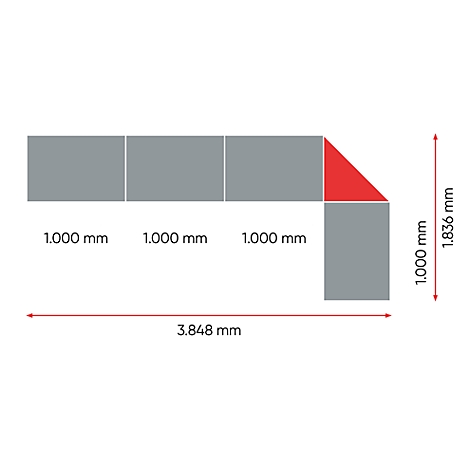 Grijs, L-vormig diagram met rode en grijze vierkanten en afmetingen. Totale lengte: 3.848 mm, hoogte: 1.836 mm.