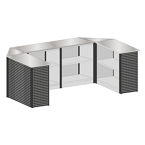 Een grijze balie met geperforeerd plaatstaal aan de zijkanten. De balie heeft planken om goederen te presenteren.