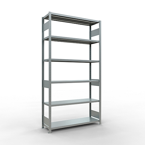 Grijze metalen stellingkast met zes planken tegen een witte achtergrond.