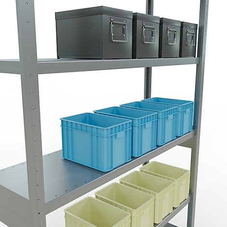 Metalen plank met grijze dozen en blauwe en gele plastic bakken.