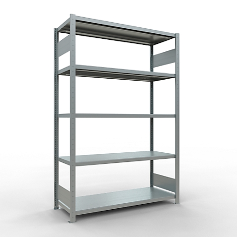 Grijs metalen stellingkast tegen een witte achtergrond. Het heeft vijf niveaus en is geschikt voor het opslaan van items.