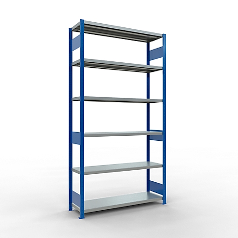 Blauw magazijnrek met grijze planken tegen een witte achtergrond. Het rek wordt afgebeeld in een driekwart aanzicht.