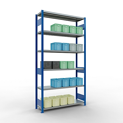 Een blauw rek met grijze planken, gevuld met gekleurde plastic dozen.