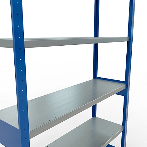 Stalen schap met blauwe frames en zilveren planken. Gefotografeerd van onderaf tegen een witte achtergrond.