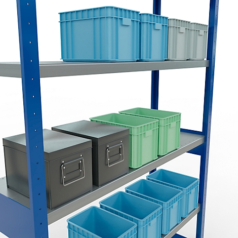 Blauw, groen en grijs opslagrek gevuld met blauwe, groene en grijze dozen.