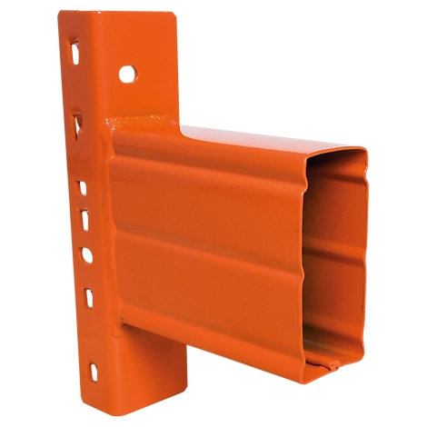 Oranje metalen beugel voor planken, met gaten om vast te schroeven.