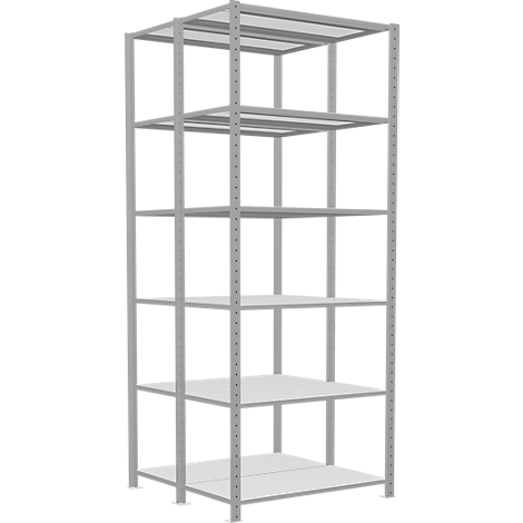 Un système d'étagères gris et vide avec six étagères, idéal pour le stockage.