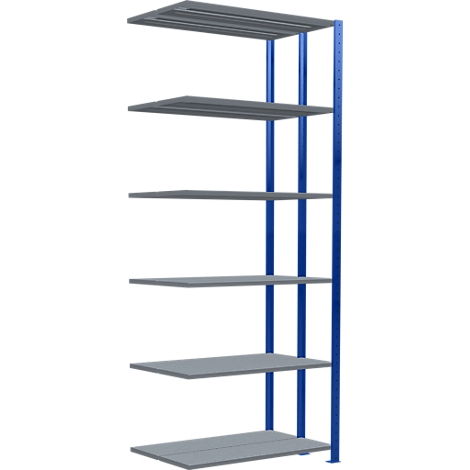 Étagère métallique grise avec des entretoises bleues et six étagères. Sur fond blanc.
