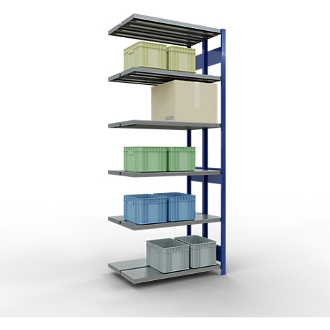 Une étagère de stockage avec plusieurs étagères grises, remplies de boîtes vertes, bleues et crème. Le fond est blanc.
