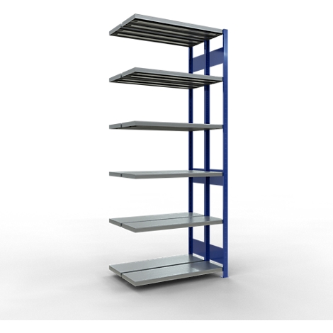 Étagère grise autoportante avec six étagères, cadre bleu et fond blanc.