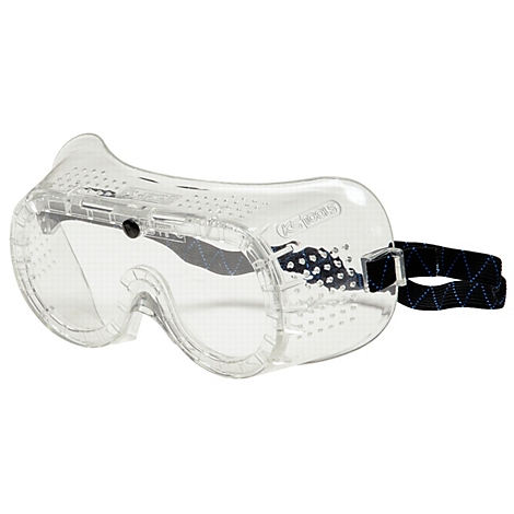 Transparente Schutzbrille mit schwarzem Gummiband und Belüftungslöchern.
