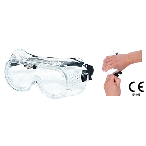 Transparente Schutzbrille mit schwarzem Kopfband und CE-Kennzeichnung.