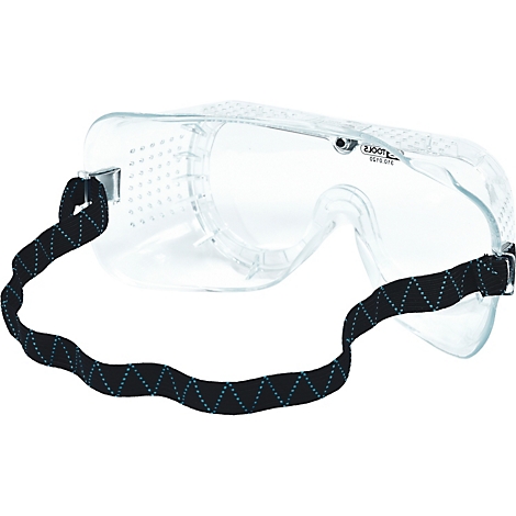Klare Schutzbrille mit schwarzem Kopfband. Die Brille ist transparent, mit Perforationen und Textaufdruck.