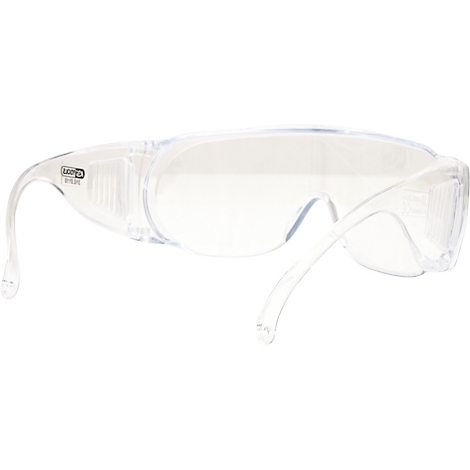 Klare Schutzbrille mit Bügeln, seitlichem Schutz und Logo.