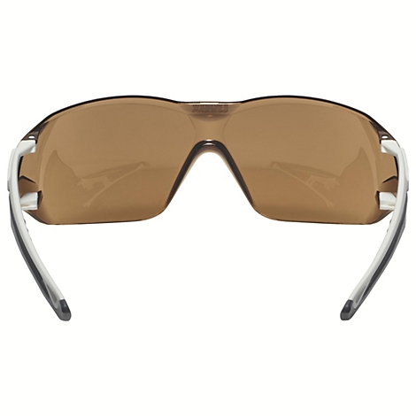 Schutzbrille mit braunen Gläsern, weißem Rahmen und transparenten Bügeln.