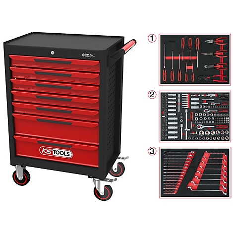 Schwarze Werkzeugkiste mit roten Schubladen, KS TOOLS Logo, und Werkzeug-Sets.
