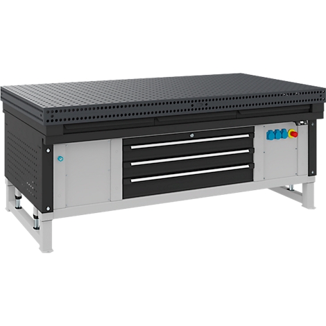 Schwarzer Werkbanktisch mit Lochplatte, Schubladen und Schaltern, auf weißen Beinen stehend.