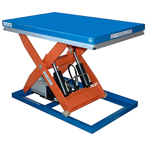 Lifting platform with a blue table top and an orange scissor lift system. The base and frame are blue.