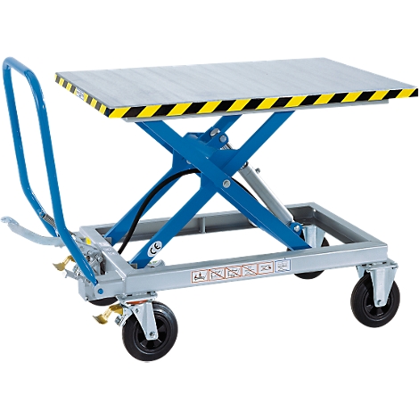 Mobile lifting table, silver color, blue scissor lift, yellow and black marked table edge.