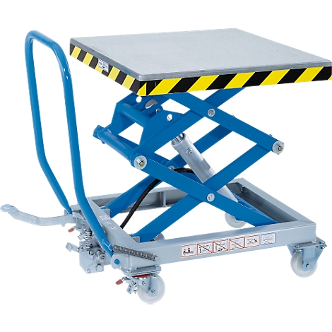Blue, rolling lift table with yellow and black warning stripes.